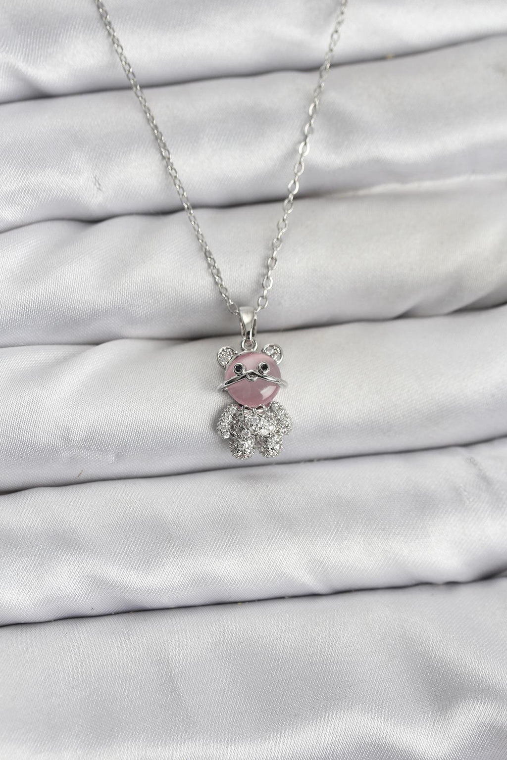 316L Çelik Zincir Gümüş Renk Teddy Bear Model Zirkon Taşlı Kadın Kolye