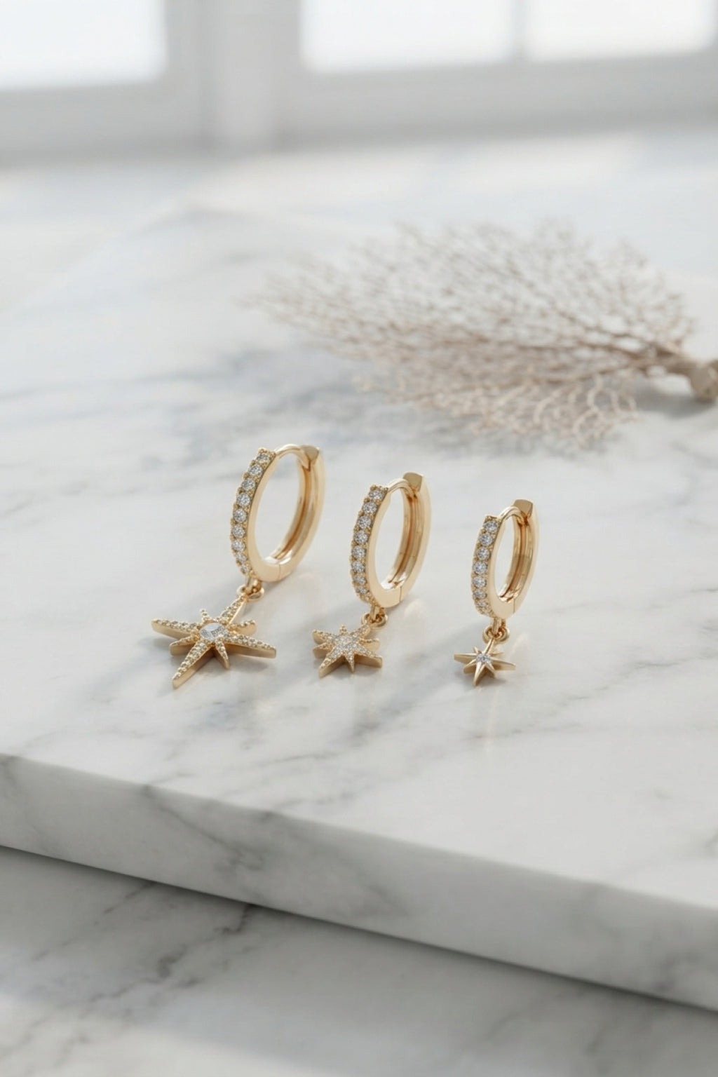 Gold Renk Kutup Yıldız Model 3 lü Küpe Seti