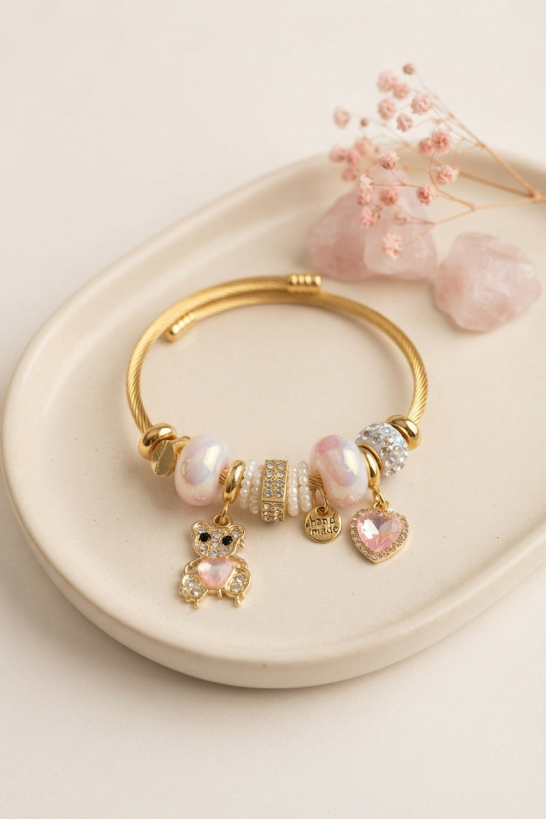 Tedy Bear Model Gold Renk Pembe Charmlı Bileklik